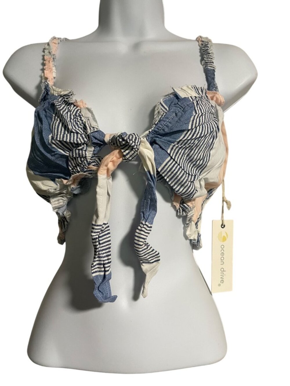 Ocean Drive Striped Smocked Ruffle Trim Crop Top Tie Front Blue/Pink Womens L JR
